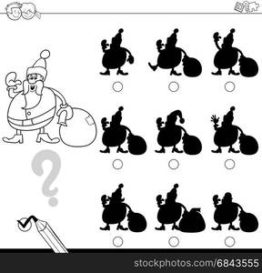 shadows game with santa for coloring. Black and White Cartoon Illustration of Finding the Shadow without Differences Educational Activity for Kids with Christmas Santa Holiday Character Coloring Page