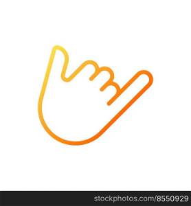 Shaka sign pixel perfect gradient linear vector icon. Call me. Greeting gesture. Non verbal communication. Thin line color symbol. Modern style pictogram. Vector isolated outline drawing. Shaka sign pixel perfect gradient linear vector icon