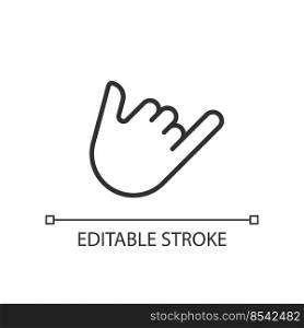 Shaka sign pixel perfect linear icon. Call me. Greeting gesture. Non verbal communication. Thin line illustration. Contour symbol. Vector outline drawing. Editable stroke. Arial font used. Shaka sign pixel perfect linear icon