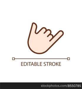Shaka sign pixel perfect RGB color icon. Call me. Greeting gesture. Non verbal communication. Isolated vector illustration. Simple filled line drawing. Editable stroke. Arial font used. Shaka sign pixel perfect RGB color icon