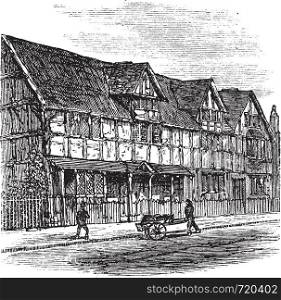Shakespeare's Birthplace at Stratford-upon-Avon, vintage engraved illustration. A view of the house that William Shakespeare was born in, Stratford-Upon-Avon, United Kingdom. Trousset encyclopedia (1886 - 1891).