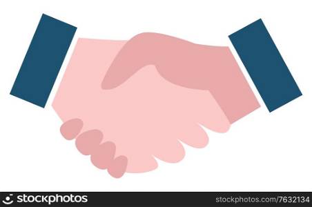 Shaking hands symbol, element of broker collaboration. Symbol of partnership, businessmen meeting, financial teamwork, handshake sign, company. Vector illustration in flat cartoon style. Handshake Sign, Business Collaboration Vector