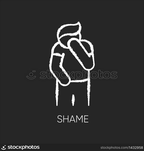 Shame chalk white icon on black background. Human feeling embarrassed. Social emotion of guilt. Moral toxic feeling. Mental health issue. Man cover face. Isolated vector chalkboard illustration. Shame chalk white icon on black background