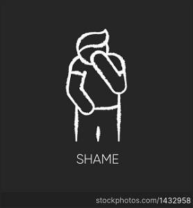 Shame chalk white icon on black background. Human feeling embarrassed. Social emotion of guilt. Moral toxic feeling. Mental health issue. Man cover face. Isolated vector chalkboard illustration. Shame chalk white icon on black background