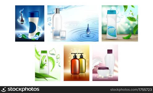 Shampoo And Conditioner Promo Posters Set Vector. Anti-dandruff And Sulfate-free, With Aloe Vera And Coconut Milk Shampoo Packages Collection Banners. Color Concept Layout Realistic 3d Illustrations. Shampoo And Conditioner Promo Posters Set Vector