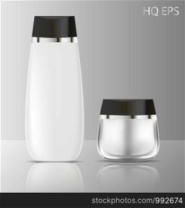 Shampoo bottle and cream jar cosmetics mockup set. High quality vector illustration.. Shampoo bottle and cream jar cosmetics mockup set