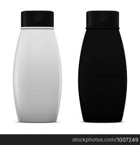 Shampoo Bottle. Cosmetic Package Design in Black and White. Oval Plastic Container for Hair Care Product. Wash Foam Realistic Pack. New Collection Moisturizer Packaging. Vector Template Illustration.. Shampoo Bottle. Cosmetic Package. Vector Template
