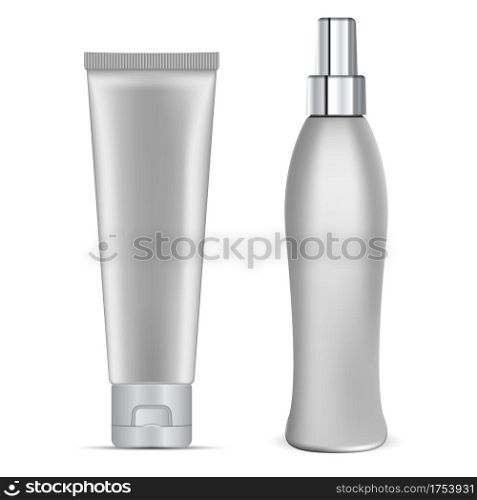 Shampoo bottle, cream tube silver cosmetic package. Shower gel plastic container vector blank. Bath gygiene collection set, realistic beauty lotion glossy plastic pack. Skin care cteam tube. Shampoo bottle, cream tube silver cosmetic package