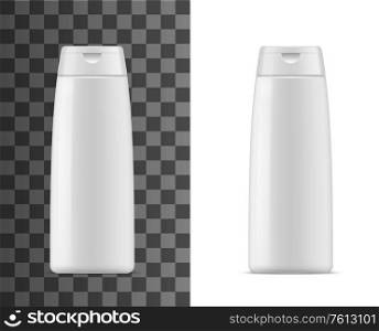 Shampoo bottle mockup, isolated 3d vector cosmetic plastic container. Realistic blank package for hair care, beauty product tube with flip-top lid. White shampoo, lotion or conditioner bottle mock up. Shampoo bottle mockup, isolated vector container