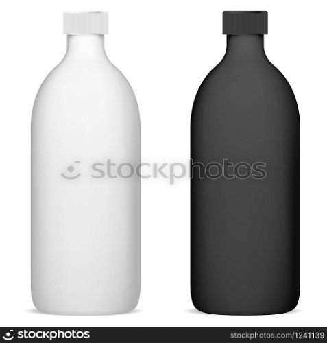 Shampoo bottle set mockup. Black and white cosmetic package blank. Realistic 3d beauty product container illustration. Tube template. Shampoo bottle set mockup. Cosmetic package blank