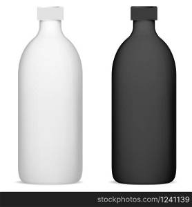 Shampoo bottle set mockup. Black and white cosmetic package blank. Realistic 3d beauty product container illustration. Tube template. Shampoo bottle set mockup. Cosmetic package blank