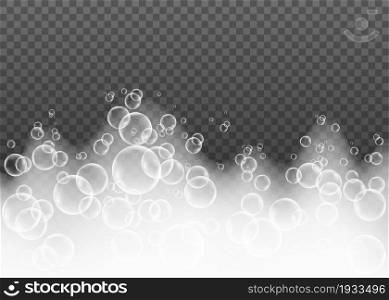 Shampoo bubbles texture isolated on transparent background. Soap suds. Vector realistic foam effect.
