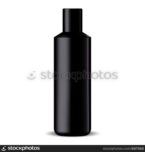 Shampoo or shower gel product template isolated on white background. Black cosmetic packaging mockup. Vector container illustration.. Shampoo or shower gel product template isolated