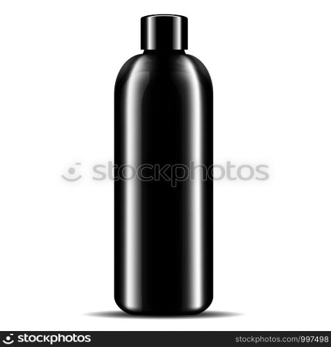 Shampoo shower gel bubble bath cosmetics bottle mockup. Black glossy glass or plastic cosmetic product package illustration. 3d design template.. Shampoo shower gel cosmetics bottle mockup.