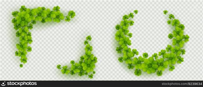 Shamrock clover four leaf wreath frame border vector clipart for St Patrick day in circle and square shape isolated on transparent background. Realistic 3d three and 4 grass leaves illustration. Shamrock clover leaf wreath frame border vector