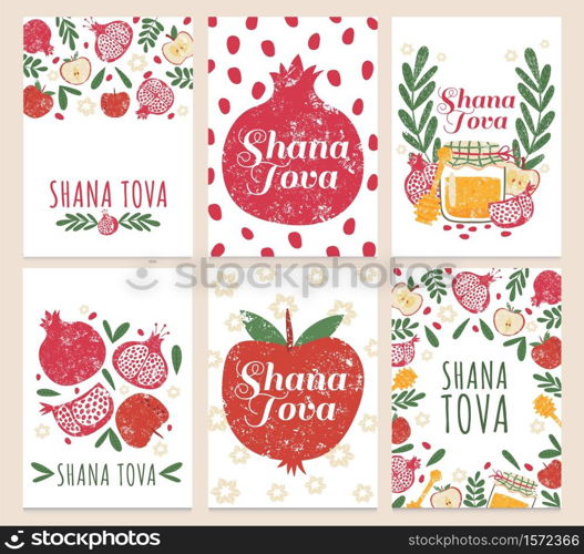 Shana tova. Happy jewish new year, greeting cards with rosh hashanah holiday symbols. Pomegranate, apple and honey vector set. Celebrating cheerful event card collection with fruit and jar. Shana tova. Happy jewish new year, greeting cards with rosh hashanah holiday symbols. Pomegranate, apple and honey vector set