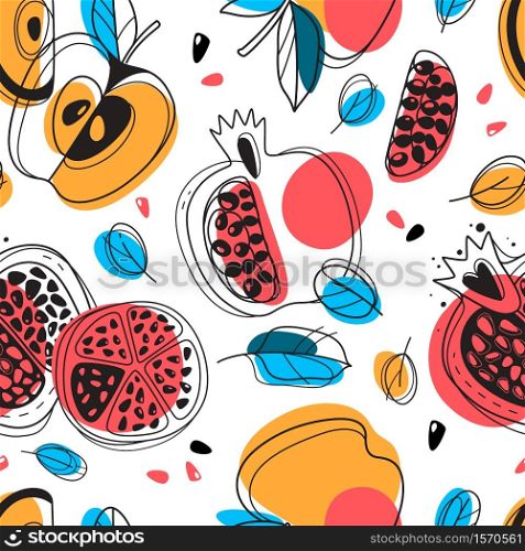 Shana tova seamless pattern. Jewish New Year happy Rosh Hashanah, repeating drawing pomegranate, apples, leaves holidays design for wallpaper, textile and wrapping paper, vector isolated texture. Shana tova seamless pattern. Jewish New Year happy Rosh Hashanah, repeating drawing pomegranate, apples, leaves holidays design for wallpaper, textile and wrapping, vector texture