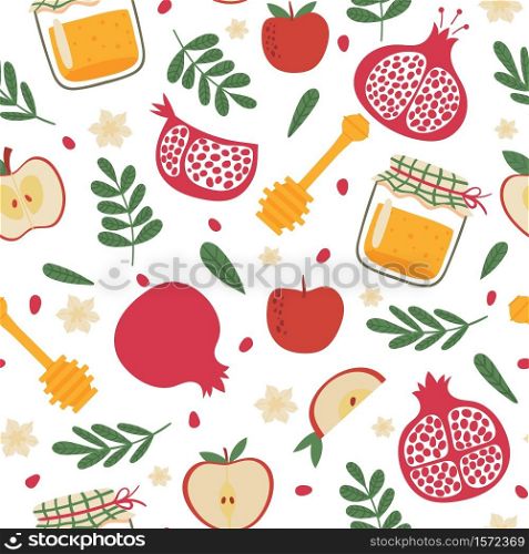 Shana tova seamless pattern. Jewish new year rosh hashanah, repeating tile. Holiday symbols pomegranate, apples and honey jar vector texture. Glass jar with honey dipper, fruit and plant leaves. Shana tova seamless pattern. Jewish new year rosh hashanah, repeating tile. Holiday symbols pomegranate, apples and honey jar vector texture