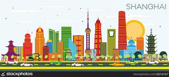 Shanghai China City Skyline with Color Buildings and Blue Sky. Vector Illustration. Business Travel and Tourism Concept with Modern Architecture. Shanghai Cityscape with Landmarks.