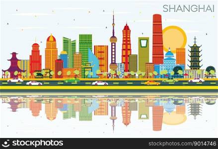 Shanghai China City Skyline with Color Buildings, Blue Sky and Reflections. Vector Illustration. Business Travel and Tourism Concept with Modern Architecture. Shanghai Cityscape with Landmarks.