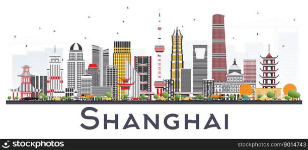Shanghai China City Skyline with Color Buildings Isolated on White. Vector Illustration. Business Travel and Tourism Concept with Modern Architecture. Shanghai Cityscape with Landmarks.
