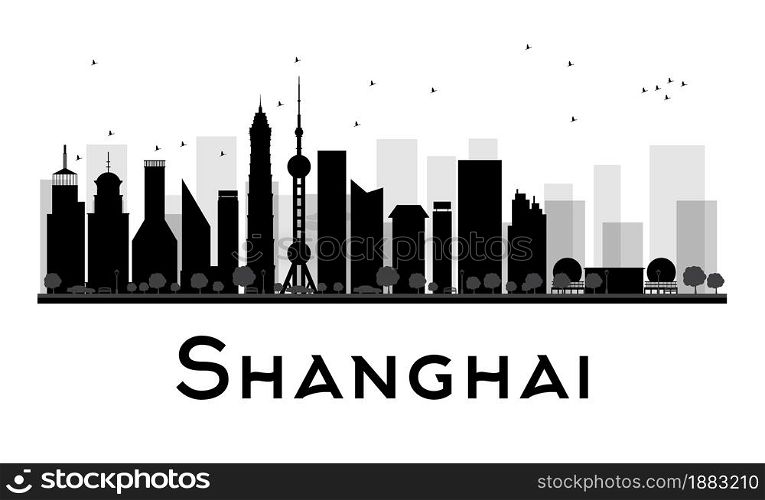 Shanghai City skyline black and white silhouette. Vector illustration. Concept for tourism presentation, banner, placard or web site. Business travel concept. Cityscape with famous landmarks