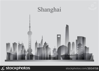 Shanghai city skyline silhouette in grayscale, vector illustration