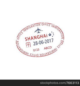 Shanghai immigration office airport visa st&isolated. Vector passport control sign with date and plane. China municipality visa st&Shanghai immigration