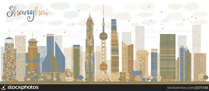 Shanghai skyline with blue and brown skyscrapers. Vector illustration