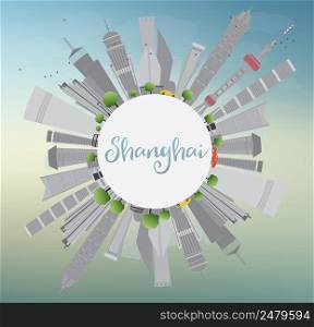 Shanghai Skyline with Blue Sky and Gray Skyscrapers. Vector Illustration with Copy Space. Business Travel and Tourism Concept with Modern Buildings. Image for Presentation Banner Placard and Web Site.