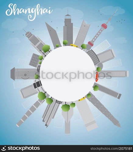 Shanghai skyline with blue sky and grey skyscrapers. Vector illustration with copy space