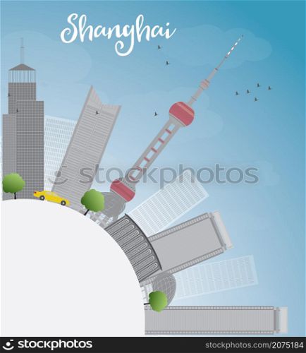 Shanghai skyline with blue sky and grey skyscrapers. Vector illustration with copy space