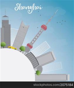 Shanghai skyline with blue sky and grey skyscrapers. Vector illustration with copy space
