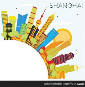 Shanghai Skyline with Color Buildings, Blue Sky and Copy Space. Vector Illustration. Business Travel and Tourism Concept with Modern Architecture. Image for Presentation Banner Placard and Web Site.