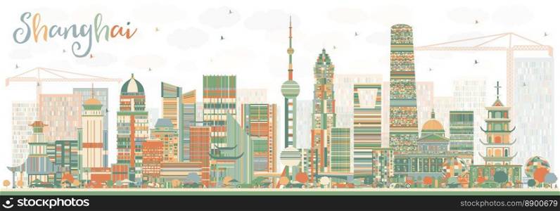 Shanghai Skyline with Color Buildings. Vector Illustration. Business Travel and Tourism Concept with Modern Architecture. Image for Presentation Banner Placard and Web Site.