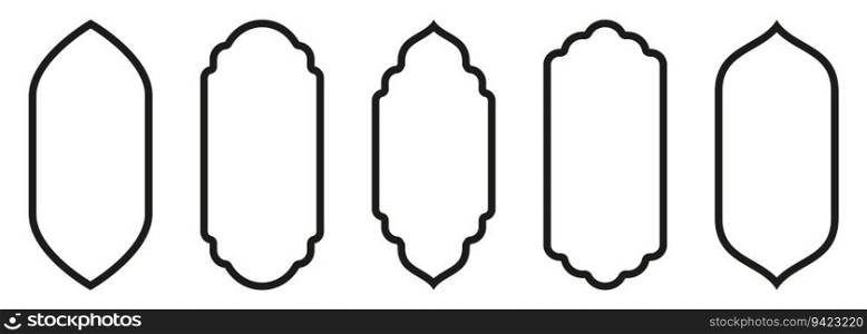 Shape Islamic door and window silhouette Arabic arch. Collection of patterns in oriental style. Frames in Arabic Muslim design for Ramadan Kareem. Vector mosque gate stroke isolated on white background. Shape Islamic door and window silhouette Arabic arch. Collection of patterns in oriental style. Frames in Arabic Muslim design for Ramadan Kareem. Vector mosque gate stroke isolated on white background.