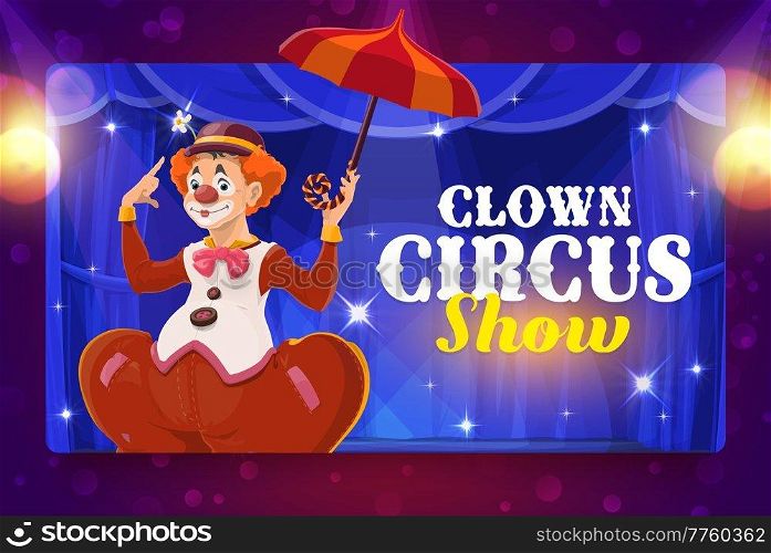 Shapito circus cartoon clown with umbrella on stage. Vector banner of carnival amusement show with circus or chapiteau joker, jester character with funny face makeup and costume, red nose and wig. Shapito circus cartoon clown with umbrella