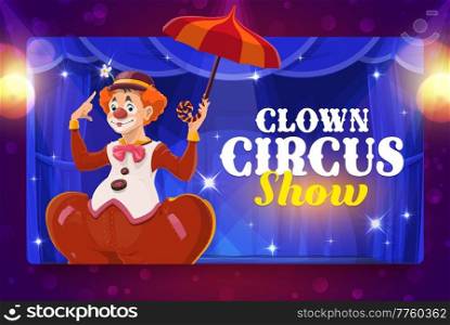 Shapito circus cartoon clown with umbrella on stage. Vector banner of carnival amusement show with circus or chapiteau joker, jester character with funny face makeup and costume, red nose and wig. Shapito circus cartoon clown with umbrella