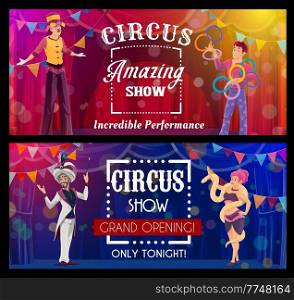 Shapito circus cartoon juggler, magician and stilt walker. Big top tent magic show vector banners. Performers on circus arena with backstage and spotlights. Actor juggling rings, woman with snake. Shapito circus juggler, magician and stilt walker