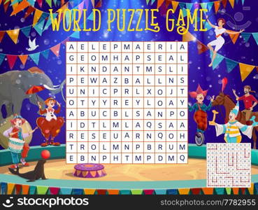 Shapito circus performers on stage word search vector puzzle game worksheet. Kids quiz grid of funfair carnival word maze with cartoon characters of clown, acrobat, trapeze girl and trained animals. Shapito circus performers, stage word search game