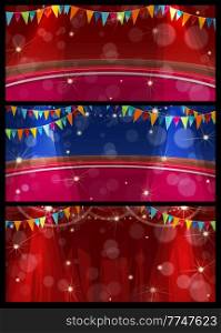 Shapito circus stage interior with red curtains and arena rings, lights and flags. Cirque theater or carnival show empty scene vector banners, decorated with bright bunting garland and spotlights. Shapito circus stage interior, red curtains, arena