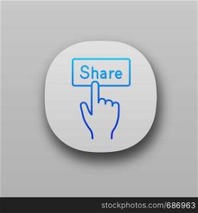 Share button app icon. UI/UX user interface. Social media activity. Hand pressing button. Web or mobile application. Vector isolated illustration. Share button app icons set