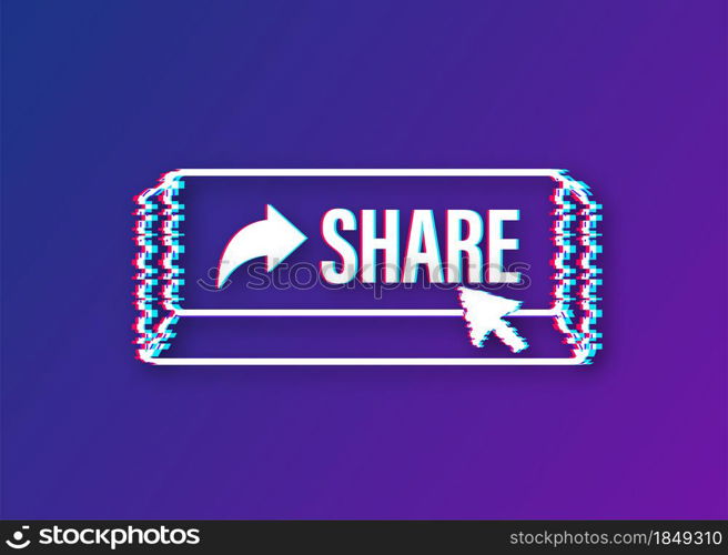 Share button in flat style on blue background. Glitch icon. Social media. Vector stock illustration. Share button in flat style on blue background. Glitch icon. Social media. Vector stock illustration.