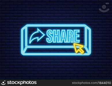 Share button in flat style on blue background. Neon icon. Social media. Vector stock illustration. Share button in flat style on blue background. Neon icon. Social media. Vector stock illustration.