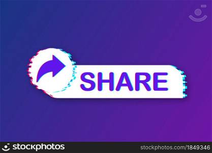 Share button in glitch style on blue background. Social media. Vector stock illustration. Share button in glitch style on blue background. Social media. Vector stock illustration.