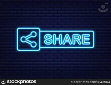 Share button in neon style on blue background. Social media. Vector stock illustration. Share button in neon style on blue background. Social media. Vector stock illustration.