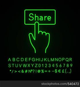 Share button neon light icon. Social media activity. Hand pressing button. Glowing sign with alphabet, numbers and symbols. Vector isolated illustration. Share button neon light icon