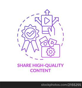 Share high-quality purple gradient content concept icon. Social media marketing abstract idea thin line illustration. Isolated outline drawing. Roboto-Medium, Myriad Pro-Bold fonts used. Share high-quality purple gradient content concept icon