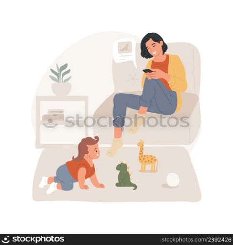 Share photo of a child isolated cartoon vector illustration. Social media posting addiction, sharing picture, mom sitting on sofa with smartphone, kid playing in living room vector cartoon.. Share photo of a child isolated cartoon vector illustration.
