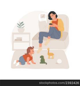 Share photo of a child isolated cartoon vector illustration. Social media posting addiction, sharing picture, mom sitting on sofa with smartphone, kid playing in living room vector cartoon.. Share photo of a child isolated cartoon vector illustration.